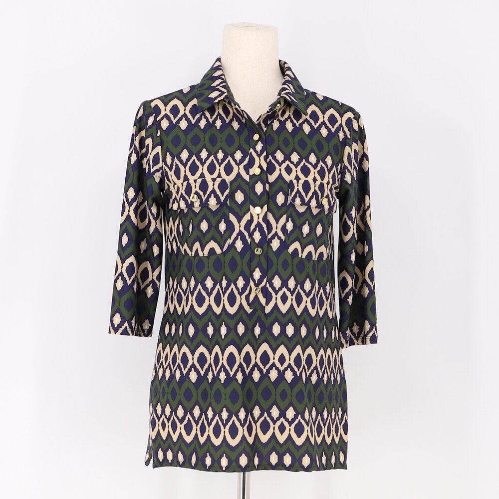 JUDE CONNALLY Jude Cloth Ikat Print 3/4 Sleeve Collared Top Dark Green Size S